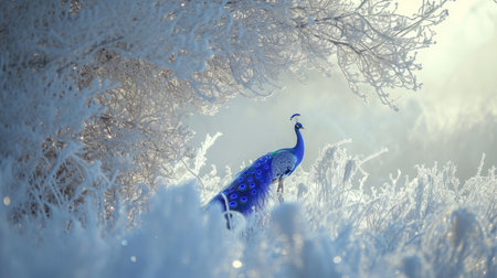 Beautiful peacock in winter forest. Wildlife scene from nature.の素材