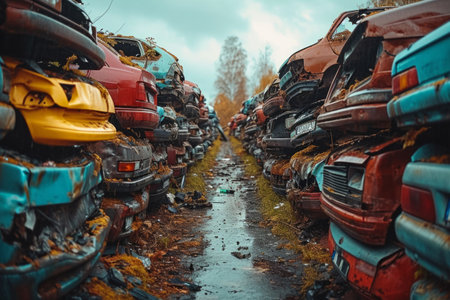 Abandoned cars in a junkyard. Concept of ecological catastrophe.の素材