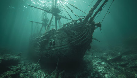 full body shot of under water a abandoned pirate ship, detailed, cinematic lighting --chaos 20 --ar 7:4 --style raw --stylize 400 --v 6 Job ID: 5db04428-d11b-4607-9902-e0a214a95777の素材