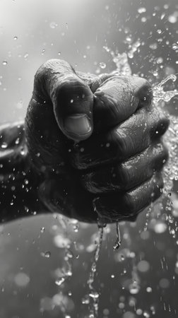 Black and white photo of human hand in black glove holding water dropsの素材
