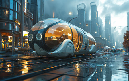 a futuristic train in the city at night.の素材