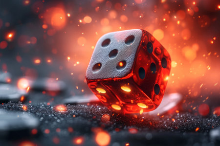 Red dice on black background with bokeh effect. Casino conceptの素材