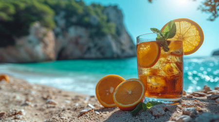 Iced tea with lemon and mint on the beach in summer.の素材