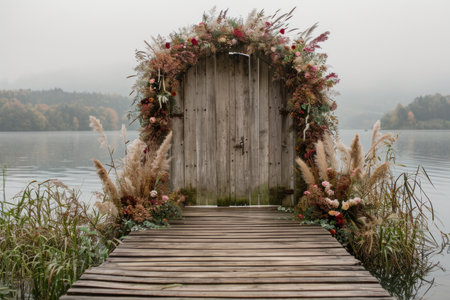 Wedding arch on the lake in foggy autumn morning.の素材