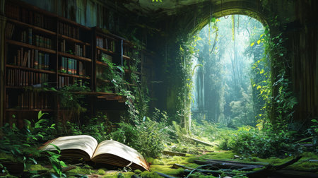 A tropical rainforest jungle appearing opening a book,の素材