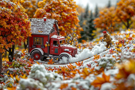 A miniature model of a fire truck with a fire engine on the background of a red maple tree covered with snow.の素材
