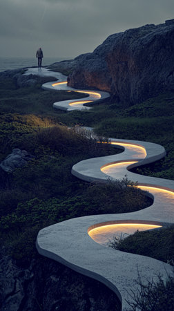 Winding road in the mountains with light trails in the evening.の素材