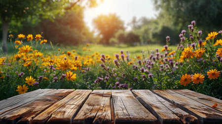 Empty wooden table in front of blooming meadow with yellow flowersの素材