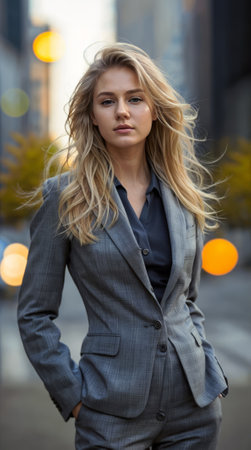 Portrait of a beautiful blonde business woman in a gray suit in the cityの素材