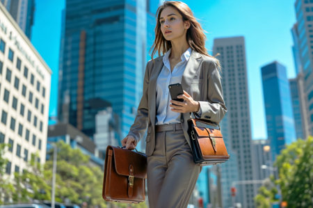 Young businesswoman using mobile phone and holding briefcase in the cityの素材