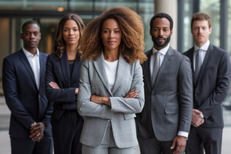 Portrait of confident business people standing with arms crossed in front of office buildingの素材