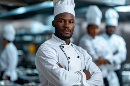 african american chef standing with crossed arms in kitchen of restaurantの素材