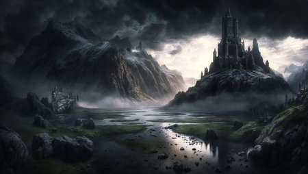 Fantasy landscape with fantasy castle and lake.の素材