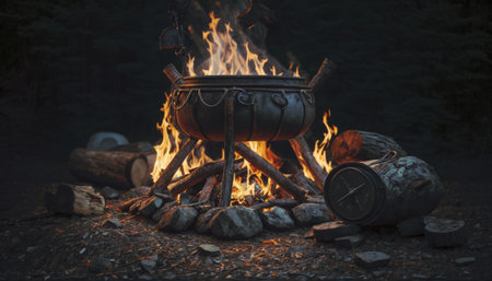 Cooking on a campfire in the forest at night time.の素材