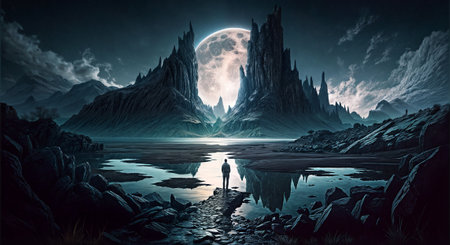 Fantasy landscape with a woman standing in front of a full moonの素材