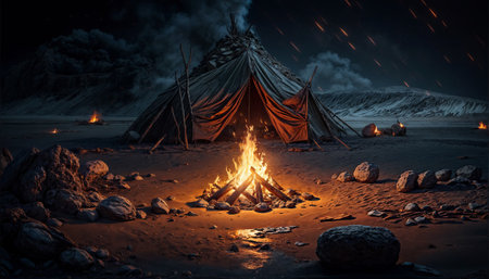 Tent on the beach at night with fire and smoke in backgroundの素材