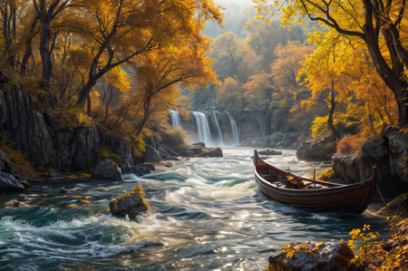 Autumn landscape with beautiful waterfall and wooden boat on the river.の素材