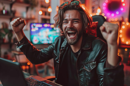 Portrait of a happy young man playing online video games at homeの素材