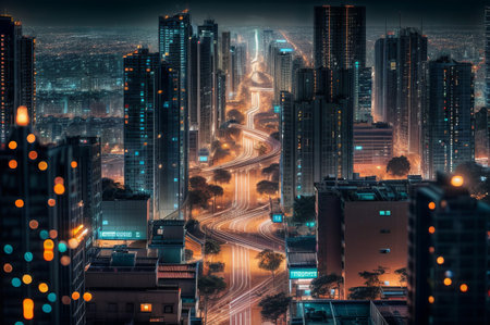 skyline at night with traffic light trailsの素材