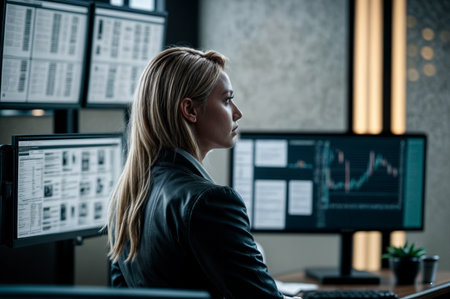 Side view of young businesswoman working on computer in office at nightの素材