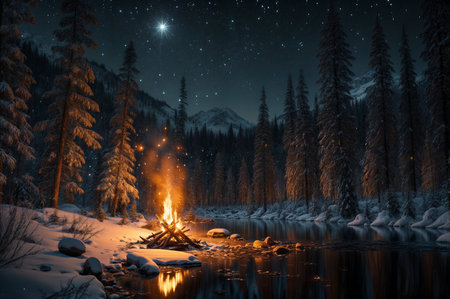 Beautiful winter landscape with bonfire on the mountain river at night.の素材
