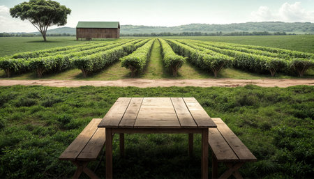 Wooden table and chair on green tea plantation at sunset time.の素材