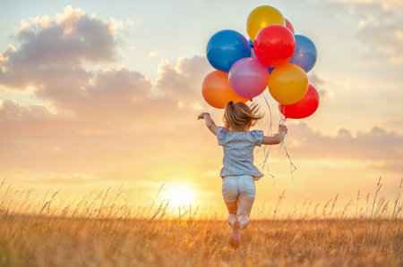 Little girl running with colorful balloons in the field at sunset. Happy childhood concept.の素材
