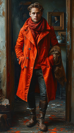 Portrait of a handsome young man in an orange coat. Men's beauty, fashion.の素材