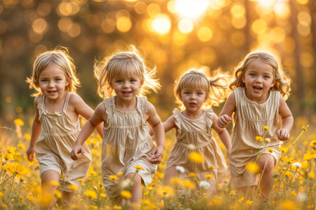 Group of happy little girls running in yellow flowers field at sunset.の素材