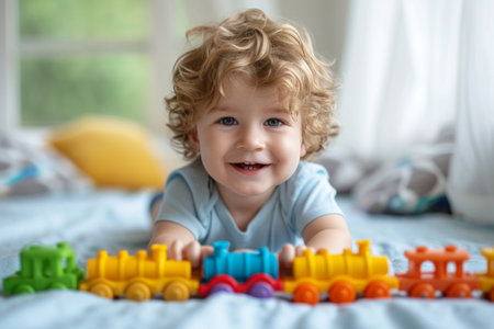 Cute little boy playing with colorful plastic toys on bed at homeの素材