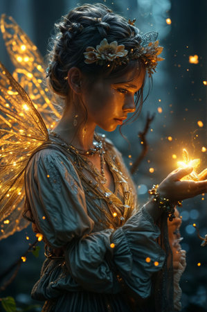 Fantasy image of beautiful fairy with magic wand on dark background.の素材