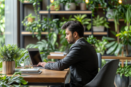 Side view of concentrated businessman working on laptop in modern office, copy spaceの素材