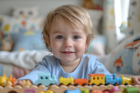 Cute little baby boy playing with colorful wooden toys on bed at homeの素材