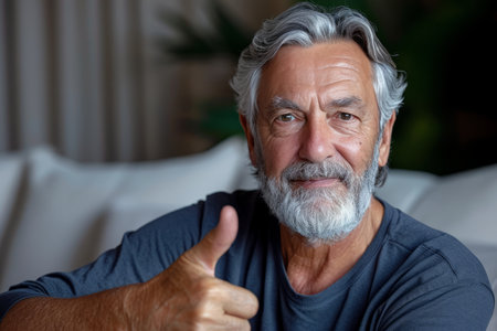 Portrait of senior man showing thumbs up while sitting on sofa at homeの素材