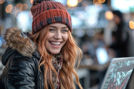 Portrait of a smiling young woman with long red hair wearing a warm hat and coat, standing in a coffee shop and looking at the cameraの素材