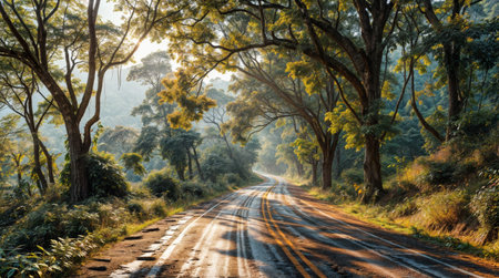 Road in the rainforest with sun rays through the branches of treesの素材
