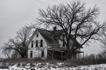 Abandoned house in the middle of the field with bare treesの素材