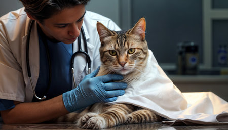 Veterinarian examining a sick cat in a veterinary clinic. Animal care conceptの素材