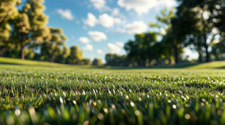 Green grass on a golf course in a sunny day, close-upの素材