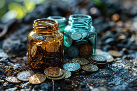 Coins and glass jar with coins on the ground in the forestの素材