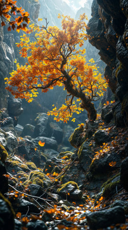 Autumn landscape with colorful trees and rocks in misty forest.の素材