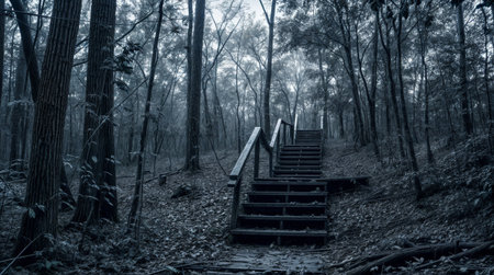 Staircase in the forest in foggy weather. Black and white photo.の素材