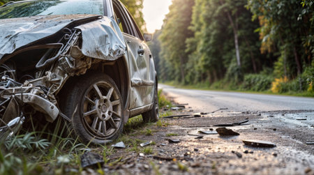 Car accident on the road in the forest. Car insurance concept.の素材