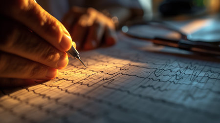 Close-up of a man's hand holding a pencil and drawing a graphの素材