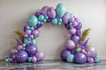 Purple and blue balloons in the shape of a frame with flowers and leavesの素材
