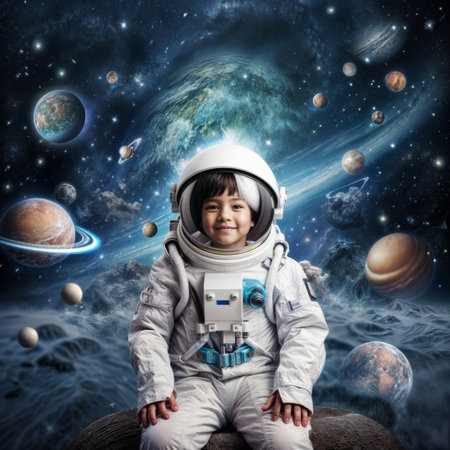 Cute little boy wearing astronaut costume sitting on planet in outer spaceの素材