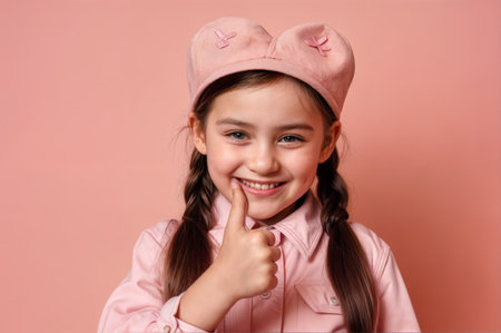 Little girl in a beret and a pink shirt on a pink backgroundの素材