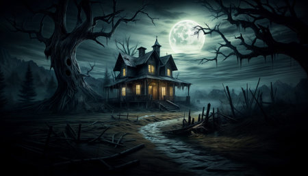 Halloween background with haunted house and full moon.の写真素材