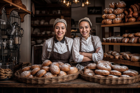 Portrait of two young female staff in a bakery. They are smiling and looking at camera.の素材