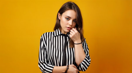 Portrait of a beautiful young woman in a black and white striped blouse on a yellow backgroundの素材